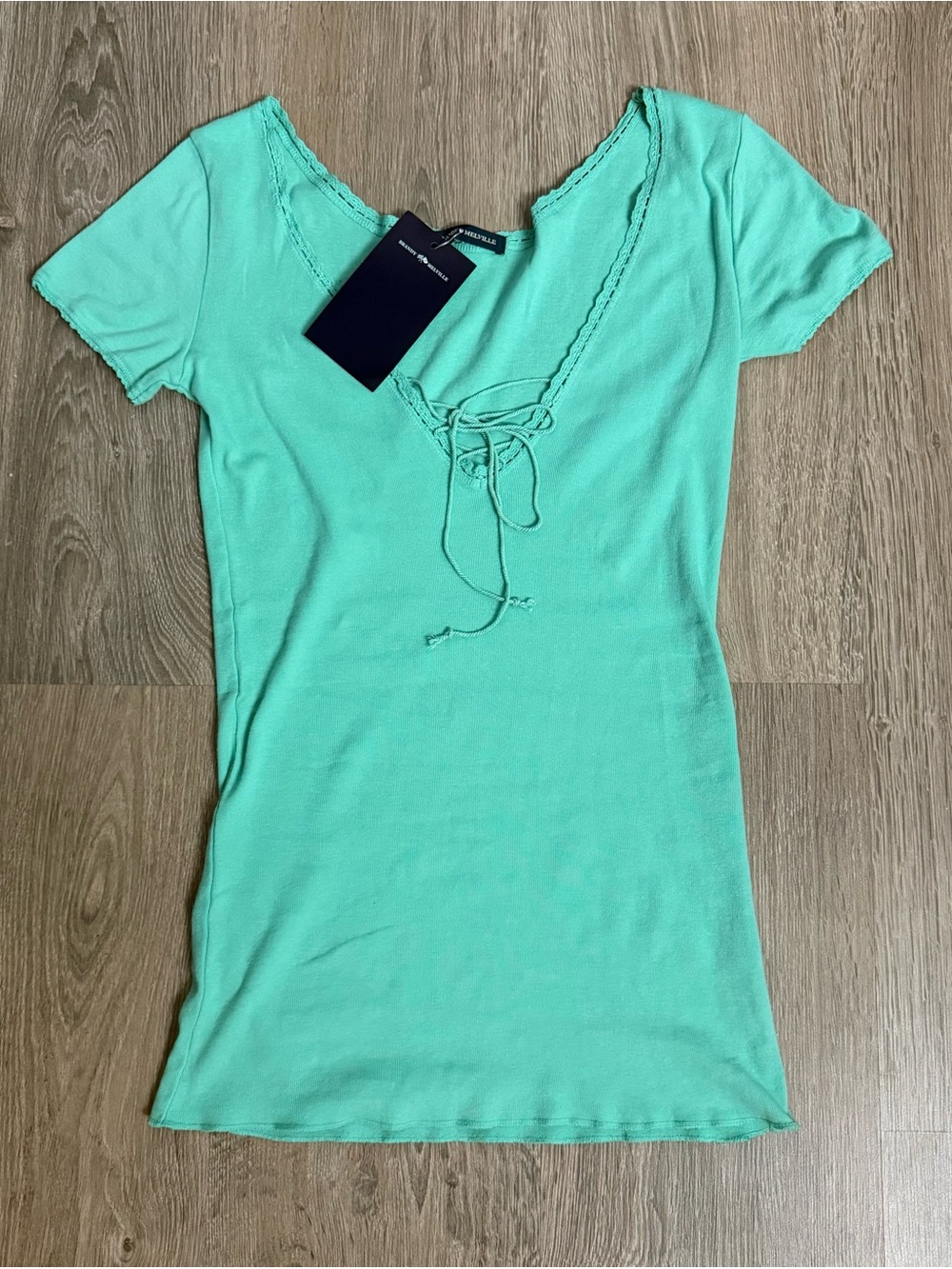Brandy Melville Teal Tania Lace String Tie Short Sleeve Tee